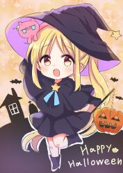Rule 34 | 1girl, :d, alternate costume, animal hair ornament, black dress, black footwear, black hat, blonde hair, blush, bocchi the rock!, brown eyes, cape, commentary, dress, english text, eyebrows hidden by hair, frilled dress, frills, full body, hair ornament, halloween, hand in own hair, hand up, hat, highres, holding, holding lantern, ijichi nijika, jack-o&#039;-lantern, lantern, leg up, long hair, long sleeves, looking at viewer, nanami ayane (kusunoki5050), one side up, open mouth, outstretched arms, pleated dress, pumpkin, sidelocks, smile, solo, standing, standing on one leg, star (symbol), witch, witch hat
