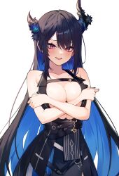 Rule 34 | 1girl, absurdres, asymmetrical horns, bare arms, bare shoulders, black hair, black horns, blue hair, breasts, center opening, colored inner hair, covered erect nipples, demon horns, embarrassed, highres, hololive, hololive english, horns, large breasts, leather belt, light blush, light smile, long hair, looking down, mole, mole under eye, multicolored hair, nerissa ravencroft, nerissa ravencroft (1st costume), red eyes, seion, very long hair, virtual youtuber, white background