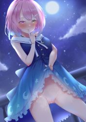 Rule 34 | 1girl, absurdres, blue dress, blush, bob cut, breasts, candy hair ornament, clothes lift, cloud, dress, dress lift, exhibitionism, finger to mouth, food-themed hair ornament, full moon, gradient hair, green eyes, hair ornament, heterochromia, highres, himemori luna, himemori luna (sundress), hololive, ichi-go, lifted by self, looking at viewer, moon, multicolored hair, neck ribbon, night, no panties, outdoors, pink hair, public indecency, purple eyes, purple hair, pussy, ribbon, short hair, shushing, sky, solo, star (sky), steaming body, virtual youtuber, white ribbon
