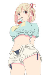 Rule 34 | 1girl, a05867430, absurdres, arms behind back, black panties, blonde hair, blue shirt, breasts, bubble tea challenge, drinking, drinking straw, drinking straw in mouth, hair ribbon, hashtag-only commentary, highres, large breasts, looking at viewer, lycoris recoil, navel, nishikigi chisato, object on breast, open clothes, open shorts, panties, red eyes, red ribbon, ribbon, shirt, short hair, short sleeves, shorts, smile, tied shirt, underwear, white background, white shorts