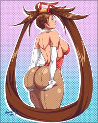 Rule 34 | 1girl, absurdres, amadeous, animal ears, ass, ass grab, backless outfit, bare shoulders, breasts, brown eyes, brown hair, elbow gloves, fake animal ears, from behind, gloves, guilty gear, guilty gear xrd, highres, huge ass, kuradoberi jam, large breasts, leotard, long hair, looking back, pantyhose, playboy bunny, rabbit ears, rabbit tail, shiny clothes, shiny skin, sideboob, smile, solo, tail, very long hair
