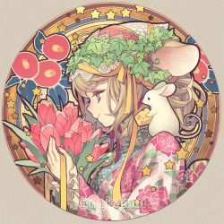 Rule 34 | 1girl, animal, animal ears, artist name, blonde hair, bouquet, cheese, chin strap, floral print, flower, food, frilled sleeves, frills, from side, grey eyes, hair ornament, hair ribbon, head wreath, holding, holding bouquet, japanese clothes, jewelry, kamui natsuki, kimono, mouse (animal), mouse ears, necklace, original, pendant, portrait, profile, ribbon, round image, smile, solo, swiss cheese, twitter username, yellow ribbon