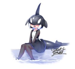 Rule 34 | 1girl, :d, belt, black dress, black hair, black pantyhose, blowhole, cetacean tail, commentary request, covered eyes, dated, dress, fins, fish tail, frilled dress, frills, full body, hair over eyes, head fins, kemono friends, long sleeves, multicolored hair, open mouth, orca (kemono friends), pantyhose, short hair, signature, sitting, smile, solo, tail, two-tone hair, water, white background, white hair, yoshida hideyuki