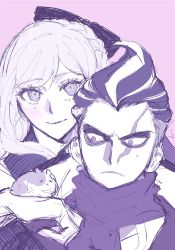 Rule 34 | 1boy, 1girl, animal, animal on head, blush, bow, commentary, danganronpa (series), danganronpa 2: goodbye despair, frown, hair bow, hat, highres, long hair, looking at viewer, maga-g, monochrome, multicolored hair, on head, purple theme, scarf, shirt, short hair, simple background, sketch, smile, sonia nevermind, tanaka gundham, umsotasty, upper body