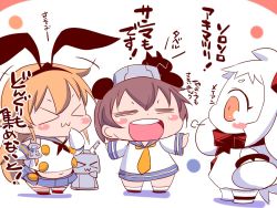 Rule 34 | &gt; &lt;, 10s, 3girls, = =, abyssal ship, anchor hair ornament, animal ears, blonde hair, blush stickers, brown hair, rabbit ears, chibi, comic, commentary request, dress, elbow gloves, enemy aircraft (kancolle), closed eyes, fake animal ears, gloves, hair ornament, hairband, horns, kantai collection, long hair, midriff, mittens, multiple girls, navel, neckerchief, northern ocean princess, open mouth, orange eyes, outstretched arms, pleated skirt, rensouhou-chan, sailor dress, sako (bosscoffee), shimakaze (kancolle), shirt, short hair, sitting, sitting on head, sitting on person, skirt, sleeveless, sleeveless dress, sleeveless shirt, smile, speaking tube headset, spread arms, translation request, white background, white hair, yukikaze (kancolle)