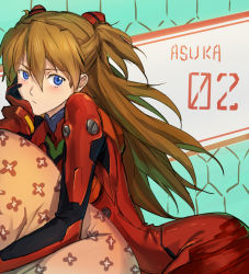 Rule 34 | 10s, 1girl, :/, aqua background, arched back, blue eyes, blush, bodysuit, bracer, brown hair, character name, closed mouth, cowboy shot, evangelion: 3.0 you can (not) redo, from side, gloves, hair between eyes, hand on own cheek, hand on own face, head rest, headgear, honeycomb (pattern), honeycomb background, long hair, looking at viewer, neon genesis evangelion, hugging object, pillow, pillow hug, pilot suit, plugsuit, rebuild of evangelion, ryuuzaki ichi, sketch, solo, souryuu asuka langley, tape, turtleneck, two side up