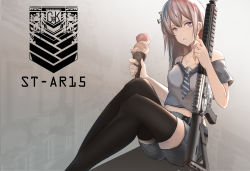 Rule 34 | 1girl, absurdres, ar-15, black thighhighs, bow, brown hair, collarbone, denim, food, girls&#039; frontline, grey background, griffin &amp; kryuger, grifon &amp; kryuger, gun, highres, ice cream, jeans, jewelry, long hair, looking at viewer, lubikaya, necktie, open mouth, pants, purple eyes, rifle, shirt, shorts, sitting, solo, speech bubble, st ar-15 (girls&#039; frontline), thighhighs, weapon