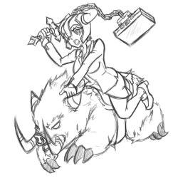 Rule 34 | 1girl, alternate costume, breasts, briefcase, bristle, chain, cleavage, drawfag, formal, hair over one eye, helmet, high heels, horns, large breasts, league of legends, monochrome, office lady, open mouth, sejuani, simple background, single horn, skirt, suit, weapon, white background
