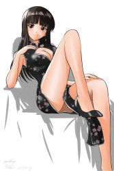 Rule 34 | 1girl, alternate costume, artist name, black dress, black eyes, black hair, blunt bangs, blush, breasts, china dress, chinese clothes, cleavage cutout, closed mouth, clothing cutout, commentary, curvy, dated, dress, floral print, frown, full body, girls und panzer, hand on own chest, hand on own knee, high heels, leg up, legs up, light blush, long dress, long hair, looking at viewer, matsui yasutsugu, mature female, medium breasts, nishizumi shiho, one-hour drawing challenge, print dress, shadow, side slit, signature, sitting, solo, straight hair, white background