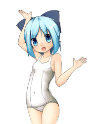 Rule 34 | 1girl, bad id, bad pixiv id, blue eyes, blue hair, bow, cirno, female focus, hair bow, kinakomoti, matching hair/eyes, one-piece swimsuit, open mouth, school swimsuit, simple background, skin tight, solo, swimsuit, touhou, white background, white one-piece swimsuit, white school swimsuit