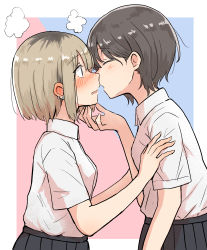 Rule 34 | 2girls, absurdres, betock, black hair, blonde hair, blush, ear piercing, earrings, closed eyes, hand on another&#039;s arm, hand on another&#039;s chin, highres, imminent kiss, jewelry, multicolored hair, multiple girls, original, piercing, school uniform, short hair, yuri