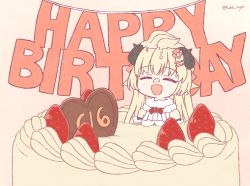 Rule 34 | 1girl, :d, animal ears, birthday cake, blonde hair, cake, closed eyes, curled horns, facing viewer, food, fruit, hair ornament, happy birthday, hololive, horns, kukie-nyan, open mouth, sheep ears, sheep horns, smile, solo, strawberry, tsunomaki watame, tsunomaki watame (1st costume), virtual youtuber