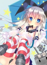 Rule 34 | 10s, 1girl, alternate hair color, anchor hair ornament, bare shoulders, black panties, blonde hair, blue eyes, blue skirt, bow, crop top, elbow gloves, gloves, hair bow, hair ornament, hairband, kantai collection, long hair, looking at viewer, microskirt, mouth hold, neckerchief, outstretched hand, panties, pantyshot, pleated skirt, rensouhou-chan, satsuki mayuri, shimakaze (kancolle), silver hair, sitting, skirt, striped clothes, striped thighhighs, thighhighs, underwear, white gloves