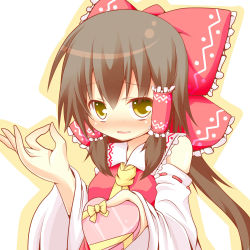 Rule 34 | 1girl, blush, bow, brown hair, chocolate, detached sleeves, female focus, gift, hair bow, hair tubes, hakurei reimu, heart, highres, holding, holding gift, japanese clothes, miko, open mouth, solo, touhou, valentine, wakagi repa, yellow eyes