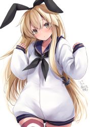 Rule 34 | 1girl, :o, absurdres, adapted costume, alternate costume, anchor hair ornament, black hairband, blonde hair, blue sailor collar, cowboy shot, dated, dress, grey eyes, hair between eyes, hair ornament, hairband, highres, kantai collection, long hair, long sleeves, looking at viewer, mashiro yukiya, sailor collar, sailor dress, shimakaze (kancolle), signature, simple background, solo, striped clothes, striped thighhighs, thighhighs, white background