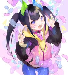 Rule 34 | + +, 1girl, :d, aano (10bit), bandaid, bandaid on face, black hair, blue nails, blue pants, candy, choker, claw pose, cowboy shot, drawstring, fangs, food, green nails, hands up, highres, hood, hood down, hoodie, horns, jacket, jelly bean, long hair, long sleeves, looking at viewer, multicolored nails, nail polish, open mouth, original, pants, partially unzipped, pink choker, pink jacket, pointy ears, puffy sleeves, purple eyes, raglan sleeves, red nails, sidelocks, smile, solo, standing, twintails, v-shaped eyebrows, yellow hoodie, yellow nails, zipper, zipper pull tab