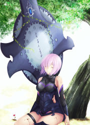 Rule 34 | 1girl, armor, armored dress, bare shoulders, blood, blood from mouth, blood on face, breasts, elbow gloves, closed eyes, fate/grand order, fate (series), flower, gloves, highres, injury, large breasts, mash kyrielight, mirufi-yu, plant, purple hair, short hair, sitting, solo, thighs, torn clothes, tree, type-moon, vines, yokozuwari