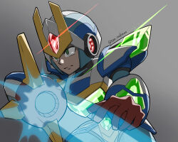 Rule 34 | 1boy, absurdres, arm cannon, armor, blade armor x (mega man), blue armor, body armor, bodystocking, boots, energy sword, fighting stance, forehead jewel, gauntlets, gem, glint, gloves, green eyes, helmet, highres, hip armor, light frown, looking to the side, mega man (character), mega man (series), mega man x6, mega man x (series), official alternate costume, shoulder armor, simple background, sword, ten (ten rockman), weapon, x (mega man), x buster