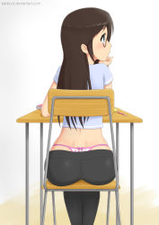 Rule 34 | 1girl, ass, back, brown hair, g-string, glasses, heart, heart print, kainkout, panties, pants, print panties, shirt, solo, t-shirt, thong, underwear, whale tail (clothing), wide hips, yoga pants