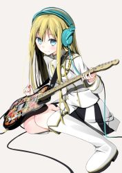 Rule 34 | 1girl, bad id, bad pixiv id, blonde hair, blue eyes, blush, boots, chm (macharge), electric guitar, fender telecaster, guitar, headphones, holding, instrument, long hair, looking at viewer, original, pleated skirt, plectrum, simple background, skirt, smile, solo, white background