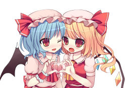 Rule 34 | 2girls, absurdres, ascot, bat wings, blonde hair, blue hair, blush, female focus, flandre scarlet, hat, hat ribbon, heart, heart hands, heart hands duo, highres, multiple girls, one eye closed, open mouth, red eyes, remilia scarlet, ribbon, short hair, siblings, side ponytail, simple background, sisters, swami, touhou, upper body, white background, wings, wink