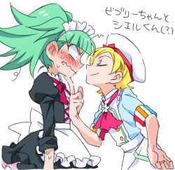 Rule 34 | 1boy, 1girl, apron, biburi (precure), blonde hair, blush, bow, fang, hand on another&#039;s chin, genderswap, genderswap (ftm), green hair, hacchi (tennencalpis), juliet sleeves, kirahoshi ciel, kirakira patisserie uniform, kirakira precure a la mode, long sleeves, maid, maid apron, maid headdress, precure, puffy sleeves, simple background, sleeves rolled up, twintails, wavy mouth, white background