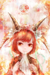 Rule 34 | 1girl, absurdres, character request, closed mouth, female focus, highres, horns, looking at viewer, mouth hold, red eyes, red hair, short hair, smile, solo, source request, zhang xiao bo