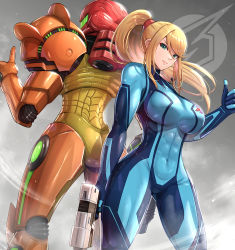 Rule 34 | &gt;:), 1girl, abs, absurdres, blonde hair, blue bodysuit, bodysuit, breasts, closed mouth, commentary request, covered navel, feet out of frame, gluteal fold, gonzarez, green eyes, gun, highres, holding, holding gun, holding weapon, impossible bodysuit, impossible clothes, large breasts, long hair, metroid, nintendo, ponytail, power suit, samus aran, sidelocks, skin tight, smile, solo, standing, thumbs up, v-shaped eyebrows, weapon, zero suit
