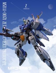 Rule 34 | artist name, brayanong999, character name, clenched hand, cloud, commentary, english commentary, flying, gun, gundam, highres, holding, holding gun, holding weapon, mecha, mobile suit, moon, no humans, redesign, robot, shield, sky, solo, v-fin, weapon, zeta gundam, zeta gundam (mobile suit)