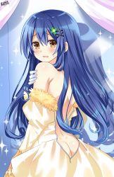 Rule 34 | 1girl, absurdres, artist name, ass, bare back, bare shoulders, blue hair, brown eyes, butt crack, commentary request, cowboy shot, curly hair, curtains, date a live, dress, forehead, from behind, fur trim, gloves, hair between eyes, hair ornament, highres, indoors, itsuka shiori, lewdkuma, long hair, looking at viewer, looking back, no bra, no panties, off shoulder, open mouth, shadow, solo, sparkle, sweatdrop, white gloves, x hair ornament, yellow dress