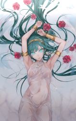 Rule 34 | 1girl, absurdres, aqua eyes, armband, armpits, arms up, ashita kura, bad id, bad twitter id, bracelet, cleopatra (fate), facial mark, fate/grand order, fate (series), flower, green hair, highres, jewelry, long hair, looking at viewer, lying, necklace, on back, rose, see-through, solo
