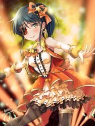 Rule 34 | 1girl, alternate costume, alternate hairstyle, artist name, black hair, black thighhighs, closed mouth, commentary request, dress, earrings, elbow gloves, eyepatch, gloves, hair ornament, hair up, haruhata mutsuki, holding, idol, image sample, jewelry, layered dress, looking at viewer, medium dress, microphone, musical note, orange dress, ponytail, quaver, sakamoto mio, short hair, signature, smile, solo, standing, star (symbol), star earrings, star hair ornament, strike witches, thighhighs, twitter sample, twitter username, world witches series