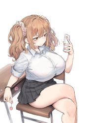 Rule 34 | 1girl, black skirt, blush, breasts, brown eyes, brown hair, candy, chair, commentary request, crossed legs, desk, feet out of frame, food, hair between eyes, hair intakes, hair ornament, hair scrunchie, hand up, highres, holding, holding food, holding phone, huge breasts, lollipop, long hair, looking at phone, miniskirt, mochirong, original, phone, pleated skirt, school desk, scrunchie, shirt, short sleeves, simple background, sitting, skirt, solo, thighs, twintails, white background, white shirt