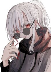Rule 34 | 1girl, absurdres, creator if, cross, highres, hood, hoodie, looking at viewer, original, ponytail, red eyes, red nails, simple background, sunglasses, tongue, tongue out, white hair