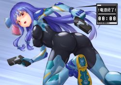Rule 34 | 1girl, ass, blush, bodysuit, breasts, covered erect nipples, dual wielding, gun, hair ornament, highres, holding, holding gun, holding weapon, kotonoha aoi, kurione (zassou), leg up, long hair, medium breasts, open mouth, sidelocks, skin tight, solo, voiceroid, weapon