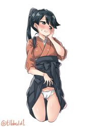 Rule 34 | 1girl, bad id, bad twitter id, black bow, black eyes, black hair, blush, bow, closed mouth, clothes lift, cowboy shot, cropped legs, ebifurya, fundoshi, hair bow, hakama, hakama lift, hakama skirt, hand on own cheek, hand on own face, hand up, highres, houshou (kancolle), inactive account, japanese clothes, kantai collection, lifted by self, long hair, looking to the side, ponytail, simple background, skirt, solo, sweat, tasuki, twitter username, white background