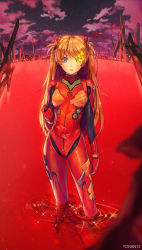 Rule 34 | 10s, 1girl, arm at side, artist name, bandages, blue eyes, blurry, bodysuit, breasts, closed mouth, cloud, contrapposto, depth of field, evangelion: 3.0 you can (not) redo, eyepatch, unworn eyepatch, frown, gloves, glowing, glowing eye, headgear, heterochromia, highres, holding, lcl, long hair, looking at viewer, neon genesis evangelion, night, night sky, orange hair, outdoors, pilot suit, plugsuit, rebuild of evangelion, reflection, ripples, serious, sky, small breasts, solo, souryuu asuka langley, sparkle, standing, star (sky), starry sky, tape, turtleneck, two side up, very long hair, wading, yellow eyes, yohan12