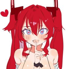 Rule 34 | 1girl, bikini, black bikini, blue eyes, blush, breasts, fang, hair between eyes, heart, heart-shaped pupils, index finger raised, large breasts, last origin, long hair, looking at viewer, may of doom, open mouth, pinch (nesume), red hair, red pupils, sidelocks, simple background, sketch, skin fang, solo, swimsuit, symbol-shaped pupils, upper body, white background
