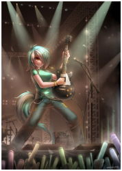Rule 34 | 1girl, blouse, commission, concert, drum, drum set, electric guitar, emperpep, gibson les paul, green shirt, guitar, hair over one eye, horns, instrument, lyra heartstrings, microphone stand, multicolored hair, my little pony, my little pony: friendship is magic, personification, shirt, single horn, solo, stage, standing, tail, two-tone hair