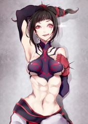 Rule 34 | 1girl, abs, arm up, armpits, bad id, bad pixiv id, belt, black hair, bracelet, breasts, chinese clothes, contrapposto, detached sleeves, drill hair, dudou, eyelashes, fang, fangs, fingerless gloves, gloves, glowing, glowing eyes, gradient background, halterneck, han juri, jewelry, licking lips, looking at viewer, midriff, multiple belts, navel, oki haseru, purple eyes, solo, spiked bracelet, spikes, standing, stomach, street fighter, street fighter iv (series), toned, tongue, tongue out, twin drills, underboob, upper body