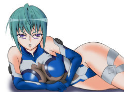 Rule 34 | 00s, 1girl, angry, aqua hair, bare shoulders, blue gloves, bodysuit, breasts, cleavage, cowboy shot, elbow gloves, facial mark, gloves, green hair, groin, hair between eyes, halterneck, highleg, highleg leotard, hip focus, impossible clothes, impossible leotard, kannagi itsuki, large breasts, leotard, lying, on side, parted lips, pilot suit, purple eyes, shadow, simple background, skin tight, solo, sora wo kakeru shoujo, thigh strap, turtleneck, white background