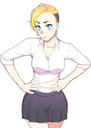Rule 34 | 1girl, black skirt, blonde hair, blue eyes, breasts, colored eyelashes, commentary request, dekapoi, earrings, eyelashes, hands on own hips, jewelry, large breasts, looking at viewer, original, shirt, short hair, simple background, skirt, solo, standing, undercut, white background, white shirt
