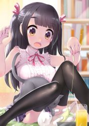 Rule 34 | 1girl, animal, bare arms, bare shoulders, black hair, black thighhighs, blurry, blurry background, blush, bow, breasts, brown eyes, cat, cattail, center frills, collared shirt, commentary request, cup, depth of field, dress shirt, drink, drinking glass, drinking straw, fingernails, frills, hair bow, highres, holding, ice, ice cube, long hair, medium breasts, nail polish, neck ribbon, open mouth, original, pink nails, plaid, plaid skirt, plant, pleated skirt, purple skirt, red bow, red ribbon, revision, ribbon, rin2008, shirt, sidelocks, skirt, sleeveless, sleeveless shirt, solo, striped, striped bow, thick eyebrows, thighhighs, two side up, very long hair, white cat, white shirt