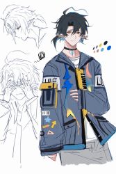 Rule 34 | 1boy, absurdres, ahoge, arknights, black hair, blue hair, bright pupils, character name, closed mouth, coat, covering face, cowboy shot, ear piercing, grey coat, hair between eyes, highres, long sleeves, lumen (arknights), multicolored hair, multiple views, orange eyes, parted lips, partially colored, piercing, pointy ears, shaded face, short hair, simple background, sleeves past wrists, smile, squiggle, sweatdrop, two-tone hair, white background, zuo daoxing