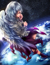 Rule 34 | 1girl, angel wings, boots, dress, earth (planet), feathered wings, flying, from above, from side, hand to own mouth, jacket, kishin sagume, leg up, lens flare, light particles, long sleeves, nagare, planet, profile, purple dress, purple footwear, red eyes, single wing, sky, solo, space, star (sky), starry sky, touhou, white hair, white wings, wings