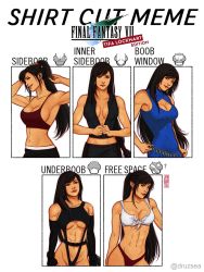 Rule 34 | 1girl, alternate costume, alternate hairstyle, blue dress, breasts, cleavage, cleavage cutout, clothing cutout, crescent, crescent earrings, dress, earrings, eyebrows hidden by hair, female focus, final fantasy, final fantasy vii, final fantasy vii remake, front-tie top, highres, jen bartel, jewelry, large breasts, leotard, long hair, meme, multiple drawing challenge, muscular, muscular female, navel, no bra, official alternate costume, ponytail, red eyes, revealing clothes, scar, scar on breasts, shirt cut meme, short dress, sideboob, square enix, standing, swept bangs, tank top, tifa lockhart, tifa lockhart (refined dress), toned, underboob, unzipped, unzipping, very long hair, vest, wall market