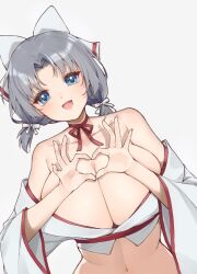 :d blue_eyes blush bow breasts chami_(charming621) cleavage commentary grey_hair hair_bow head_tilt heart heart_hands huge_breasts japanese_clothes kimono looking_at_viewer low_neckline medium_hair navel neck_ribbon official_alternate_costume open_mouth ribbon senran_kagura short_twintails simple_background smile striped_bow twintails upper_body white_background white_bow white_kimono yumi_(senran_kagura)