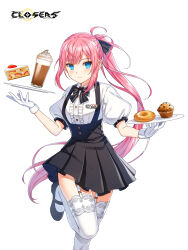 Rule 34 | 1girl, badge, black bow, black bowtie, black footwear, black skirt, blue eyes, blush, bow, bowtie, breasts, cake, cake slice, center frills, closed mouth, closers, coffee, collared shirt, copyright name, cowboy shot, cup, cupcake, doughnut, drinking glass, floating hair, food, frills, garter straps, gloves, hair bow, hands up, high-waist skirt, highres, holding, holding plate, ice cream, ice cream float, lace, lace-trimmed thighhighs, leg up, logo, long hair, looking at viewer, mary janes, miniskirt, official art, pink hair, plate, pleated skirt, ponytail, puffy short sleeves, puffy sleeves, seulbi lee, shirt, shoes, short sleeves, sidelocks, skirt, small breasts, solo, standing, standing on one leg, strawberry cake, suspender skirt, suspenders, sweatdrop, thighhighs, underbust, very long hair, waitress, white background, white gloves, white shirt, white thighhighs, zettai ryouiki