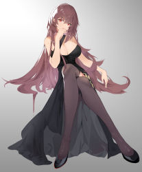 Rule 34 | 1girl, absurdres, black dress, black footwear, black thighhighs, breasts, cleavage, crossed legs, curryzcy, dress, full body, girls&#039; frontline, high heels, highres, large breasts, legs, long hair, looking at viewer, official alternate costume, open mouth, purple hair, red eyes, simple background, sitting, solo, thighhighs, wa2000 (ballroom interlude) (girls&#039; frontline), wa2000 (girls&#039; frontline)
