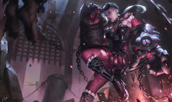 Rule 34 | 2girls, armor, blue hair, boots, braid, chain, earrings, facial tattoo, gauntlets, highres, jewelry, jinx (league of legends), league of legends, licking lips, long hair, looking at viewer, multiple girls, nose piercing, piercing, ponytail, red eyes, regition, tattoo, tongue, tongue out, vi (league of legends)